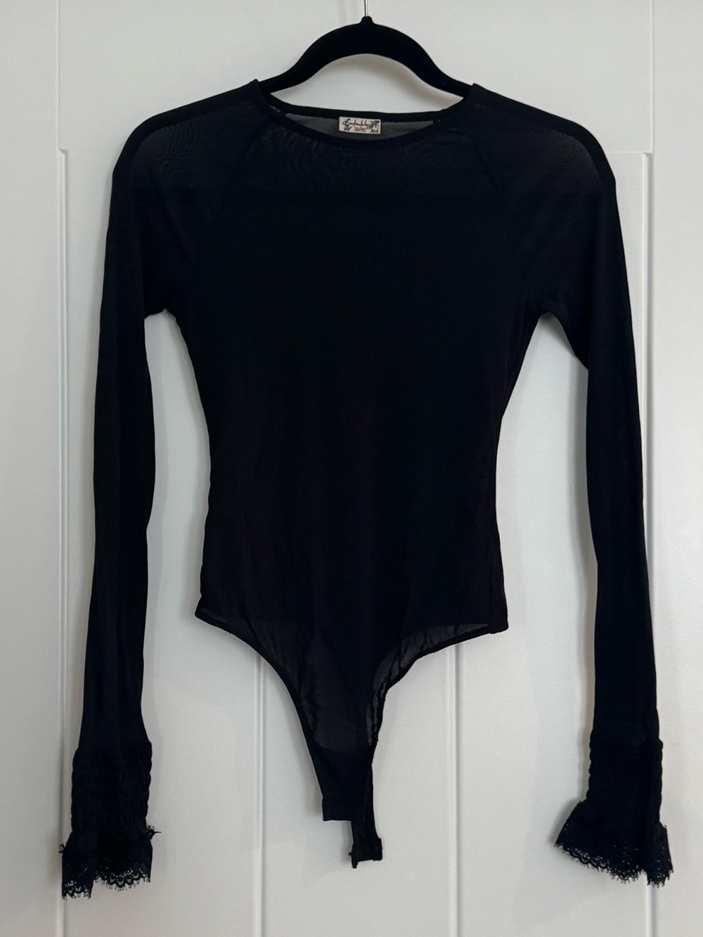 Free People Sheer Black Long Sleeve Lace Cuff Bodysuit